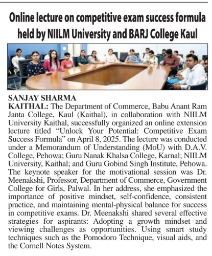 NIILM University Leads Online Lecture on Competitive Exam Success Formula in Collaboration with BARJ College Kaul
