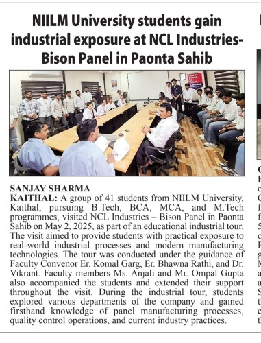 NIILM University Students Gain Industry Insights During Educational Visit to NCL Industries – Bison Panel, Paonta Sahib