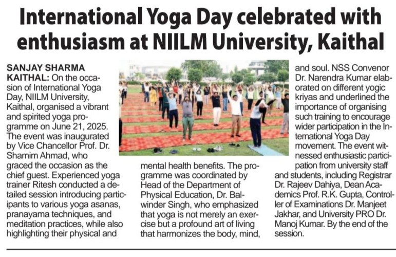 NIILM University Promotes Mind-Body Harmony on International Yoga Day