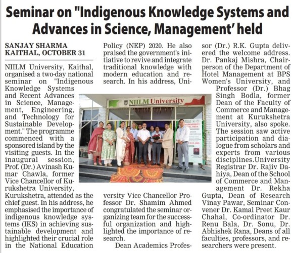 NIILM University Hosts Two-Day National Seminar on Indigenous Knowledge Systems and Sustainable Innovation
